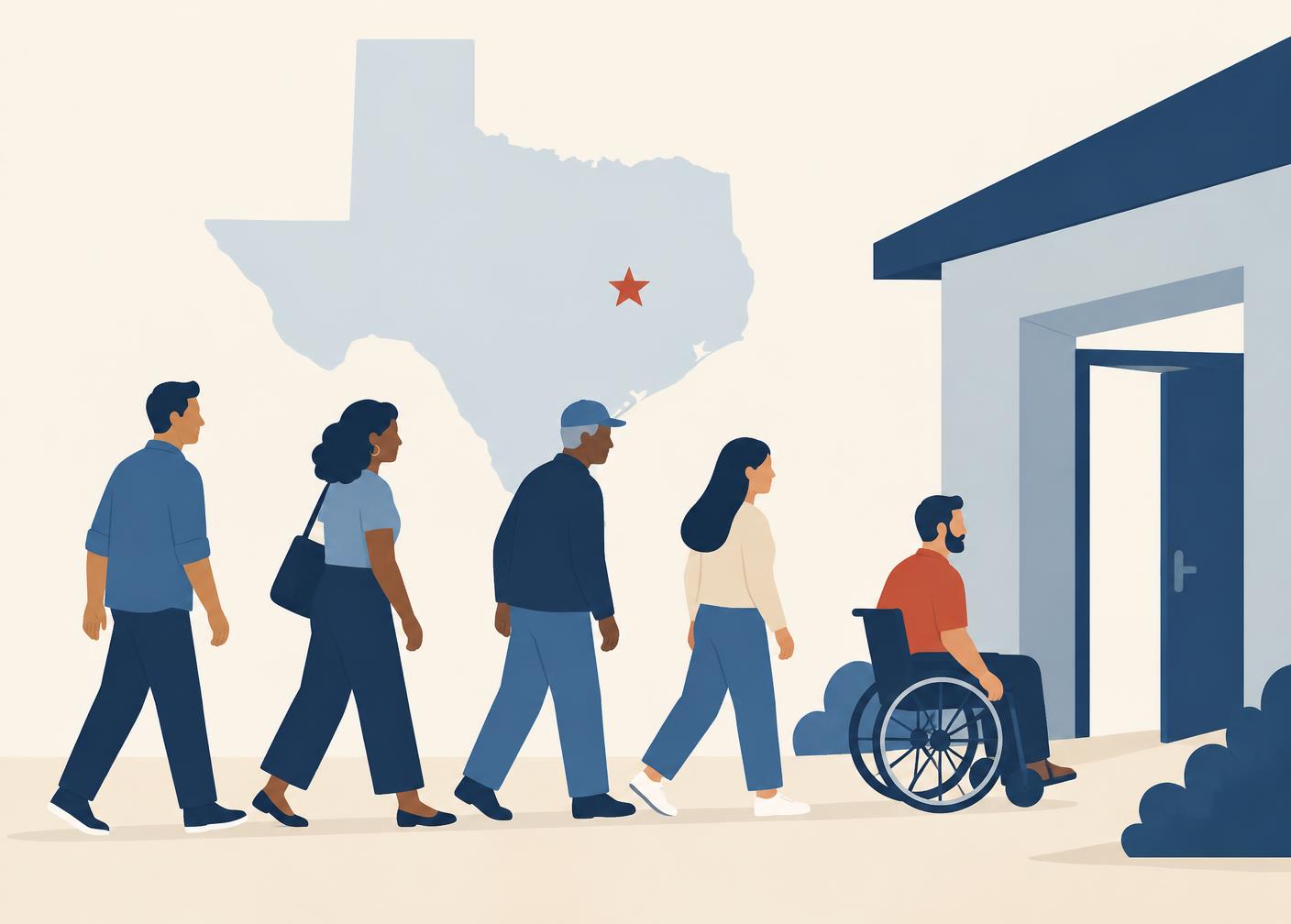 Texas voters walking into a polling place, with an outline of Texas in the background